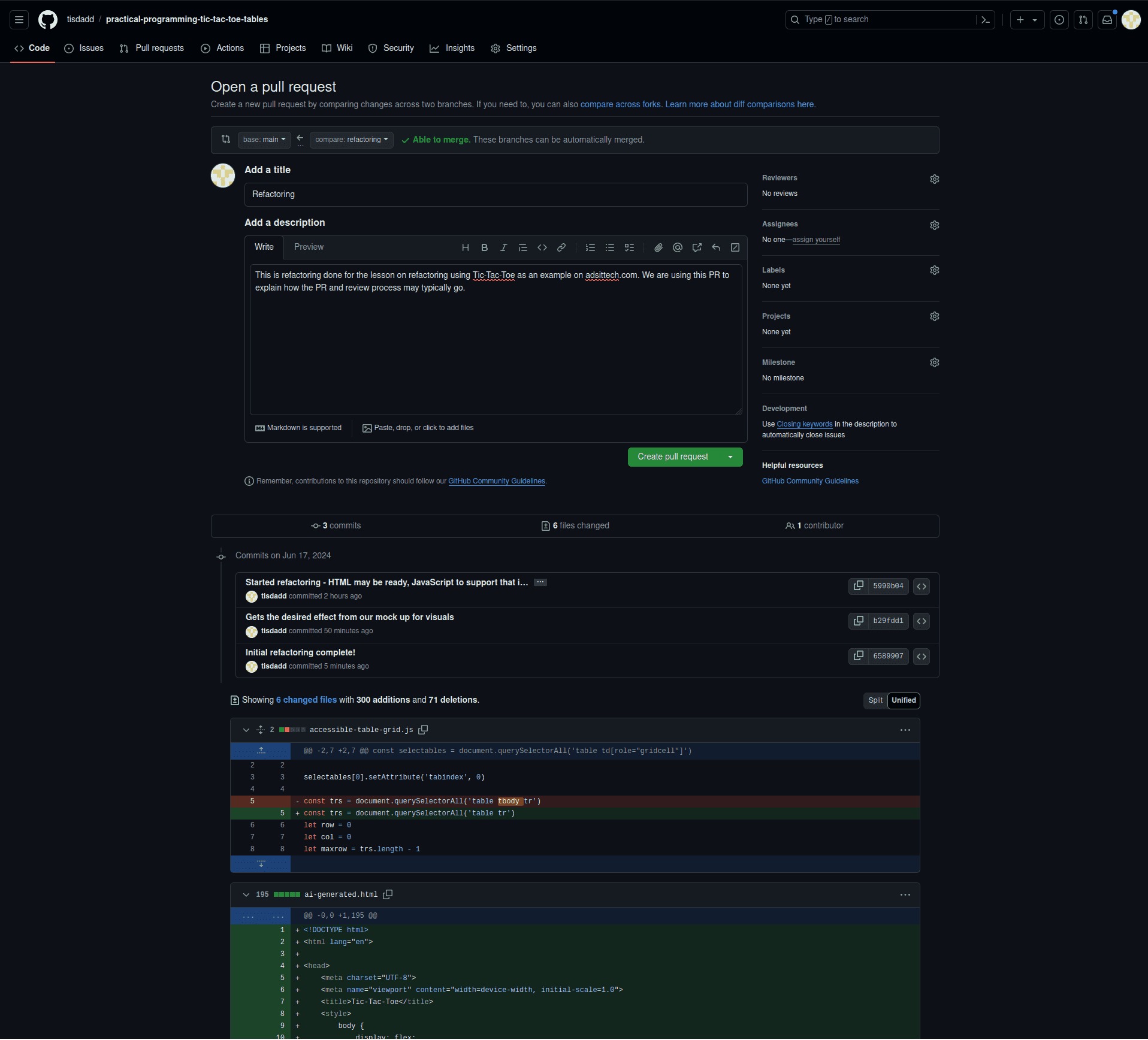 Open a pull request screen